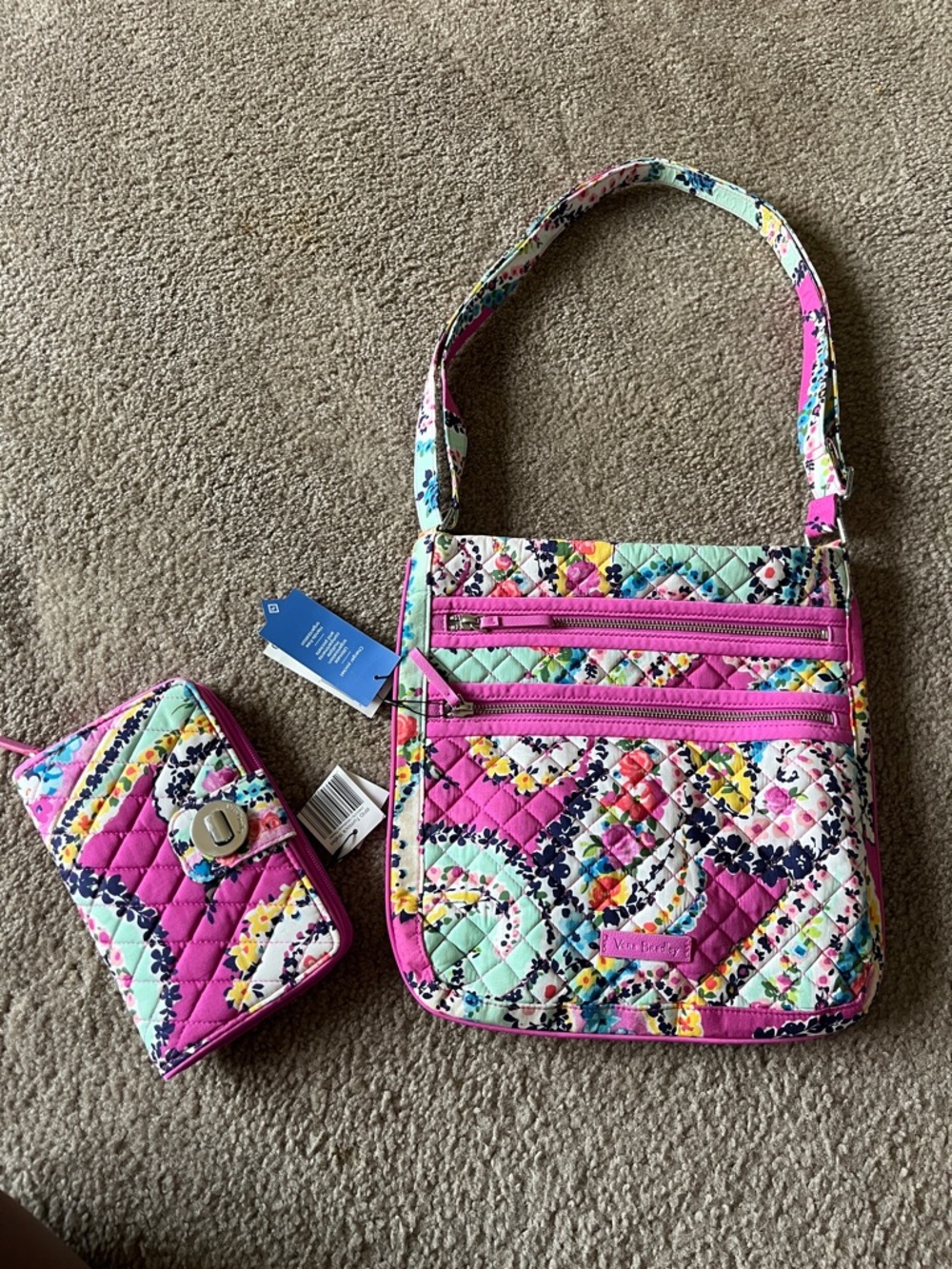 Vera Bradley Quilted Pink Multi Floral Crossbody with Matching Wallet